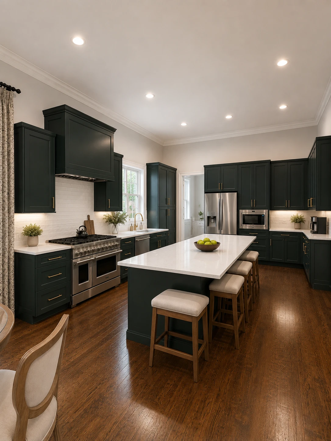Custom dark green kitchen cabinetry and island built by Innovations Carpentry